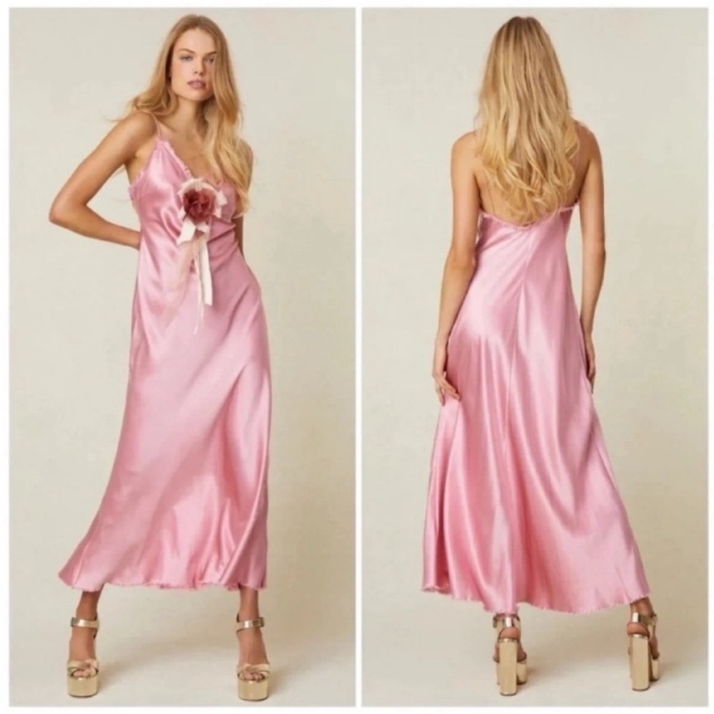 LoveShackFancy Elizabella Bias Silk Slip Maxi Dress Pink Spritz
